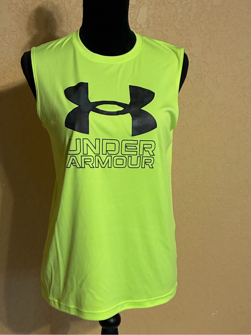 Under Armour Neon Yellow Sleeveless Muscle Tee with Black Logo Youth Large